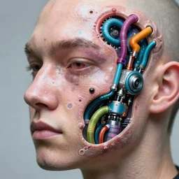 face tattoo of a hole in the skin with multicolored tubes and robotic mechanics inside under the skin, insanely integrate,