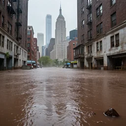 new york city abandoned, rain with chocolate liquid, flooding with chocolate melting liquid