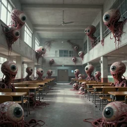 matte painting concept art of a school hall way filled with alien fleshand eyeballs, digital art, horror, trending on artstation, HD, 8K, highly detailed, good lighting, beautiful, epic, masterpiece