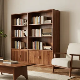 a vintage living room with a big bookshelf a old radio and a classic armchair near a wooden table, hyperrealistic, concept art, octane render, unreal engine 5, trending on artstation, high quality, highly detailed, path traced, godrays crossing the room, geometrically correct, beautiful, vintage, elegant, soft lighting, high coherence