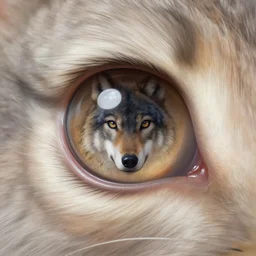 macro photograph of a rabbit eye with a reflection of a wolf in it, intricate, elegant, highly detailed, centered, digital painting, artstation, concept art, smooth, sharp focus, illustration, artgerm, donato giancola, Joseph Christian Leyendecker, WLOP, Boris Vallejo, Artgerm