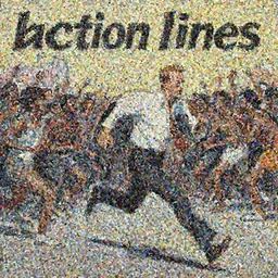 'kramer!! michael richards running from crowd of black people, painting by phil hale, 'action lines'!!!, graphic style, visible brushstrokes, motion blur, blurry