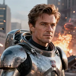 VFX movie portrait closeup powerful DC vs. Marvel hero space marine natural skin, natural evening light in the city exploding skyscrapers war zone by Emmanuel Lubezki