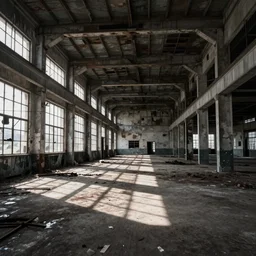 color photograph of the interior of an abandoned and completely empty factory, large windows on the sides, art tim walker