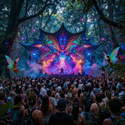 psychedelic trance party in a magical forest, fairies, music, neon lights, smoke, wide angle shot, realistic, surrelaistic, mucha, lisa frank