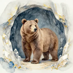 fae bear in a crystal cave. this watercolor and gold leaf work by the award - winning comic artist has a beautiful composition and intricate details.