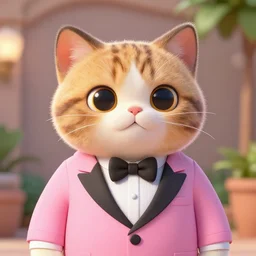 3d render , anthropomorphic cat, wearing a Pink tux, in the style of Zootopia