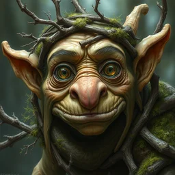 a friendly goblin elf with a big nose and wide eyes, covered in branches and moss, portrait by daniel docciu and dave dorman and jeff easley