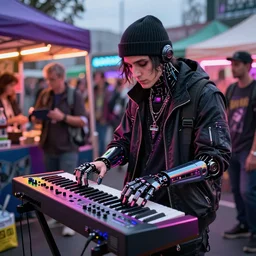cyberpunk goth homeless man cyborg playing a cyberpunk moog synthesizer at cyberpunk farmers market by william barlowe and pascal blanche and tom bagshaw and elsa beskow and enki bilal and franklin booth, neon rainbow vivid colors smooth, very fine high detail 3 5 mm lens photo 8 k resolution