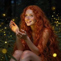 infp young woman, smiling, amazed by golden fireflies lights, sitting in the midst of nature fully covered, long loose red hair, intricate linework, green eyes, small nose with freckles, oval shape face, realistic, expressive emotions, dramatic lights, spiritual scene, hyper realistic ultrafine art by cecco del caravaggio and artgerm