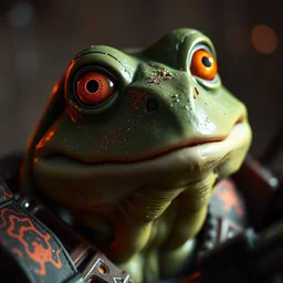 humanlike pepe the frog in gears of war doom eternal warhammer 4 0 k, splash art, detailed face, details in the face, movie still, cinematic lighting, ray tracing, octane render, long lens, shallow depth of field, bokeh, anamorphic lens flare, 8 k, hyper detailed, 3 5 mm film grain
