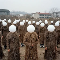 realistic documentary photo of a group of university students covered in brown dry branches trees and straw costumes with white spherical heads in a crystal cloud village 1 9 9 0, life magazine reportage photo, neutral colors, neutral lighting