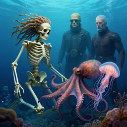 underwater photography of a human skeleton with dreadlocks in symbiosis with an octopus and a jellyfish, by amandine van ray and andreas franke and h. r. giger and andrew whem, digital illustration, volumetric lighting