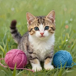 beautiful digital realistic painting of a cute kitten with yarn in the grass  painted by Alexander Jansson, colorful,4k unreal engine, Trending on artstation
