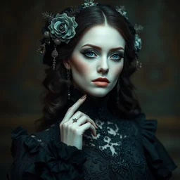 a surreal portrait of beautiful female model by irakli nadar with intricate detailed wearing victorian dress designed by alexander mcqueen and rocky gathercole, haunting, elite, elegant, ruan jia, dark, hyper detailed, concept art, by gustav klimt,