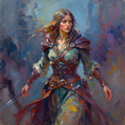 female sorceress in tattered robes of cloth and leather, vibrant colors, mid body portrait, action shot, impasto paint brush work, acrylic painting, imprecise brushwork, bright and moody, artstation