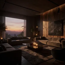 videogame screenshot of a dark dreamy luxury living room, candlelight, sunset glow, dusk, shadows, wood concrete marble finishes, octane render, volumetric lighting, raytracing