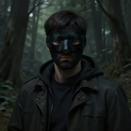 hyper-detailed digital painting of a masked man in a dark forest