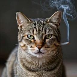 photographic portrait of a wrinkly sad max ernst alley cat, editorial, spiraling cigarette smoke