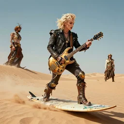 marilyn manson playing a steampunk electric guitar while surfing on a steampunk surf board on a sand dune in a desert, by artgerm and greg rutkowski and alphonse mucha, 8 k
