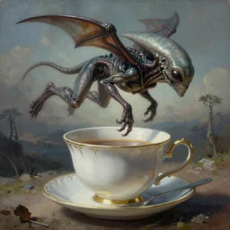 hyperrealist painting alien creature flying in a teacup saucer, heavy metal comic airbrush