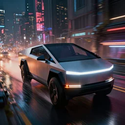 closeup photo of combat tesla cybertruck flying over wet dystopian cyberpunk city streets at night, mad max, action, speed, volumetric lighting, hdr, need for speed, gta 5, forza, ridley scott, makoto shinkai, syd mead, craig mullins, cinematic, fast and furious, blade runner, octane, 8 k, iso 1 0 0, 1 2 mm
