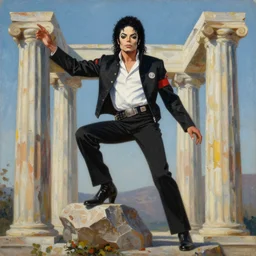 a thomas cole naturalist style painting of michael jackson atop mount olympus with enormous columns on either side