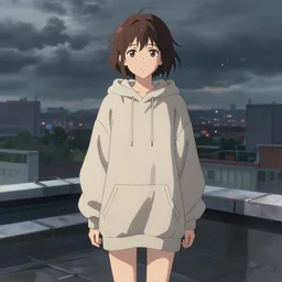 a beautiful british woman with short brown hair, gentle, somber amber eyes, standing on a rooftop, storm in the distance, oversized hoodie that goes down to the knees, digital art by makoto shinkai ilya kuvshinov and wojtek fus, digital art, concept art,