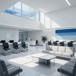 a large corporate waiting room, liminal, surreal, white and blue color scheme
