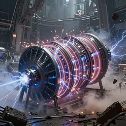 massive awesome spinning electrical tesla generator spinning fast in an apocalyptic megastructure, gigawatt electrical sparks, octane render, smoke, debris, dust