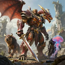 by par olofsson and tristan eaton, visually stunning, cinematic, ultra realistic, hyper realism, 1 2 k, epic, octane render, unreal engine, vfx, maya, azsharan saber : command of neptulon, dragon fodder : unexpected windfall, briarbridge tracker : gnoll hunter, polymorph : jellyfish