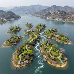 a gorgeous very early spring series of lush islands separated by flower - lined streams, twisted gardens, painting by barlowe wayne maxfield parrish and marco mazzoni. tree no leaf!!!! china mountain village!! grey blue and very little light verdancy. the winding stone steps. ultra clear detailed. 3 d, octane render. turbulent blood lake.
