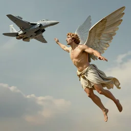 a matte painting of Greek mythology Icarus surprised to see a F-15 flying next to him. Realistic render, 4k, hdr, dynamic lighting