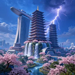 huge gargantuan angular dimension of pagoda liminal spaces, temples by escher and ricardo bofill. utopian singaporean landscape by roger dean. magical realism, royal blue surrealism, lush sakura trees, waterfalls, thunder, lightning, cyberpunk, shot from below, epic scale