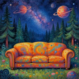 psychedelic trippy couch pine forest planets milky way sofa by louis wain