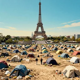 desolate migrant camp outside paris by shaddy safadi, accurate details, intricate, ceoncept art, smooth, hyper realistic, vibrant colors, pop art style, cinematic, 3 5 mm grain filter, artstation