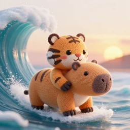 a closeup photorealistic render of a cute knitted tiger hippopotamus riding a large wave during sunset. surf in the background. intricate stitching. professional capture. brightly lit scene. this 4 k hd image is trending on artstation, featured on behance, well - rendered, extra crisp, features intricate detail, epic composition and the style of unreal engine.
