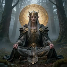 mysterious elven king meditating in a foggy forest at dusk professional photography, d & d, fantasy, intricate, elegant, highly detailed, sharp focus, illustration, art by artgerm and greg rutkowski and alphonse mucha