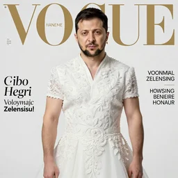 Volodymyr Zelensky dressed in a fancy bride dress on the cover of the Vogue magazine