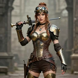 long shot photo of a female steampunk warrior
