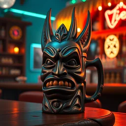 a closeup photorealistic photograph of a batman style tiki mug sitting at a trader vic's bar featuring batman face. tiki theme. tiki culture. bright scene. fine detail. this 4 k hd image is trending on artstation, featured on behance, well - rendered, extra crisp, features intricate detail, epic composition and the style of unreal engine.