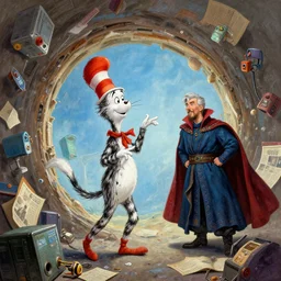 the third first image on the scattered absurdity server by Dr seuss and dr strange, very pretty, photorealistic, portal hopping and time warping with reckless abandon, masterpiece digital painting by Thomas Kinkade and Greg Rutkowski, artstation, 4k wallpaper