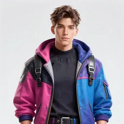 full character portrait view high quality render realistic high detail cinematic digital concept art of a young man dressed in stylish future clothing with face visible by artgerm and greg rutkowski and marc simonetti, valorant, fortnite, artstation trending, vibrant colour and blank background,