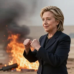 movie still of hilary clinton fighting in libya, focused shot, realistic, smoke, fire, octane render