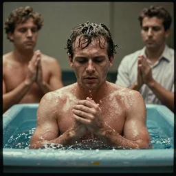 7 0 s film still from a horror movie about baptism, kodachrome, cinecolor, cinestill, film grain, film texture, retro, cinematic, high resolution, photorealism,