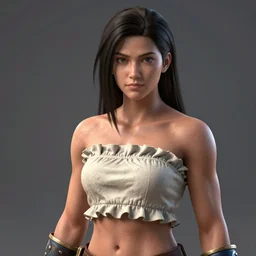 official portrait of a playable fighter for PS4 fighting game with a frilly tube top, bump mapping, global illumination, incredibly detailed, D&D protagonist, octane render, finished concept art, Enki Bilal, Shinkiro, trending on Artstation