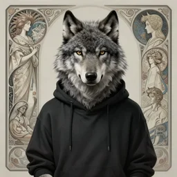 a photograpic portrait of a anthropomorphic grey furry wolf wearing casual black clothes, black spikey hair, grey skin, floppy ears, furry character, fursona, fantasy, intricate, elegant, highly detailed, digital painting, artstation, smooth, sharp focus, illustration, art by artgerm and H R Giger and alphonse mucha