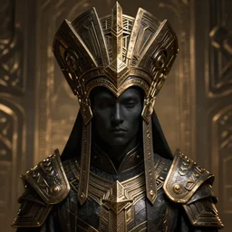 a highly detailed matte painting that is a portrait of a shadow priest wearing a massive ornate headdress made of realistic metal and dark fantasy armor, art deco, cinematic lighting, smooth, unreal engine, by blizzard studios, golden rule, subject in center of frame, cgsociety