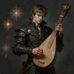 a oil art portrait of young mage with arcane music magic in style of dark souls character, handsome bars with lute character sheet, 4 k, ultra detail, volumetric lighting, unreal engine, octane render, grimdark