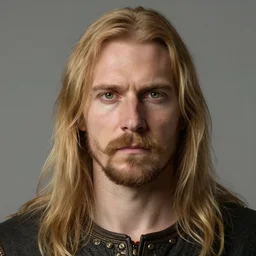 half - length portrait of a 7 0 - year - old human male noble with long blonde hair and green eyes, mustache, no beard, medieval setting, detailed face, highly detailed, artstation, concept art, sharp focus, by greg rutkowski, craig mullins, artgerm
